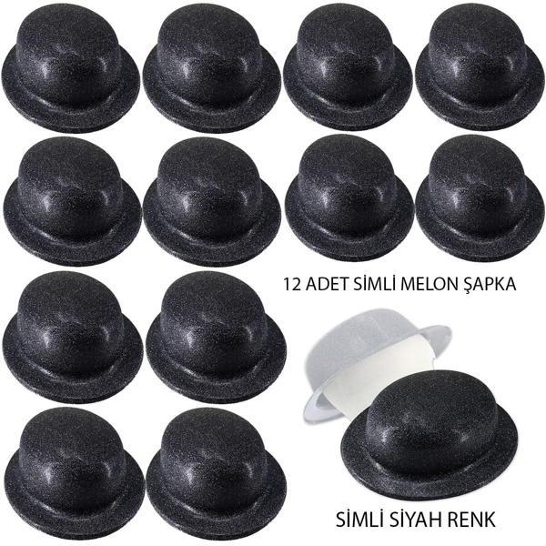Siyah Renk Simli Melon Yuvarlak Parti Şapkası 12 Adet - Image 1