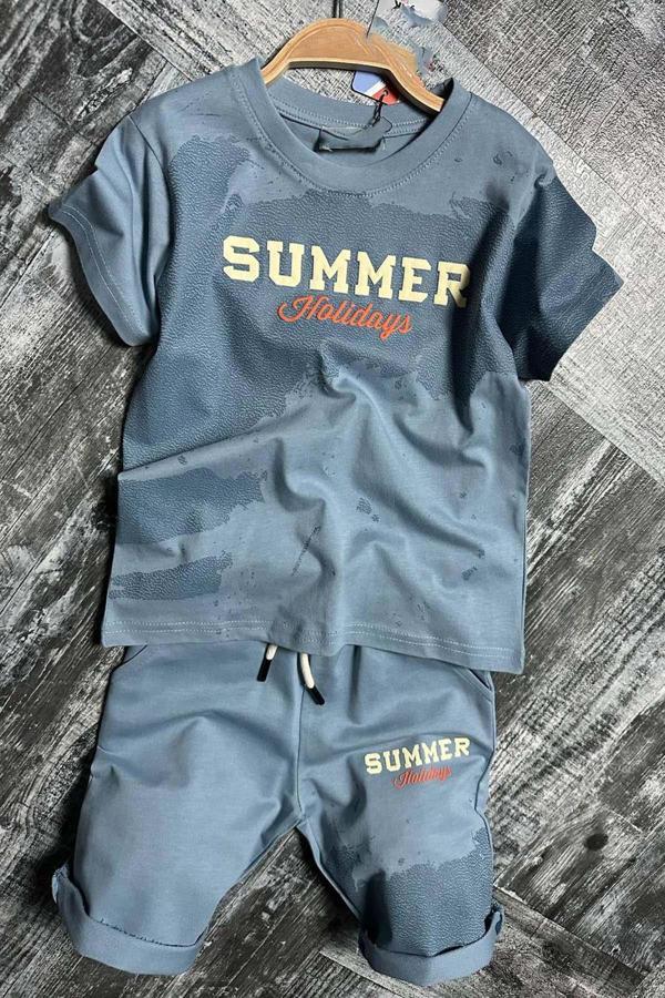 Erkek Çocuk Summer Yazı Baskılı  Cep ve İp Detaylı Mavi Şortlu Takım - Image 1