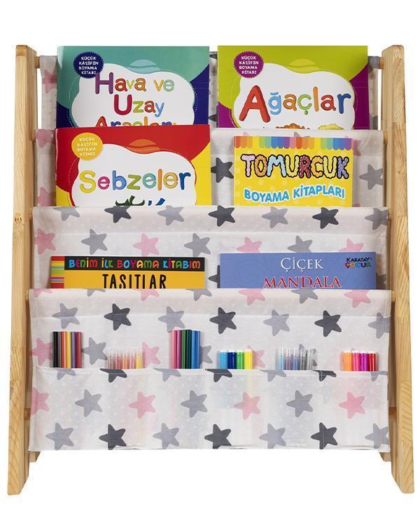 Doğal Ahşap Montessori Çocuk Kitaplığı Pembe Kumaşlı - Image 1
