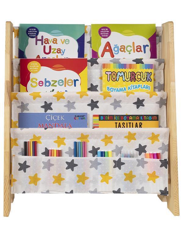 Doğal Ahşap Montessori Çocuk Kitaplığı Sarı Kumaşlı - Image 1