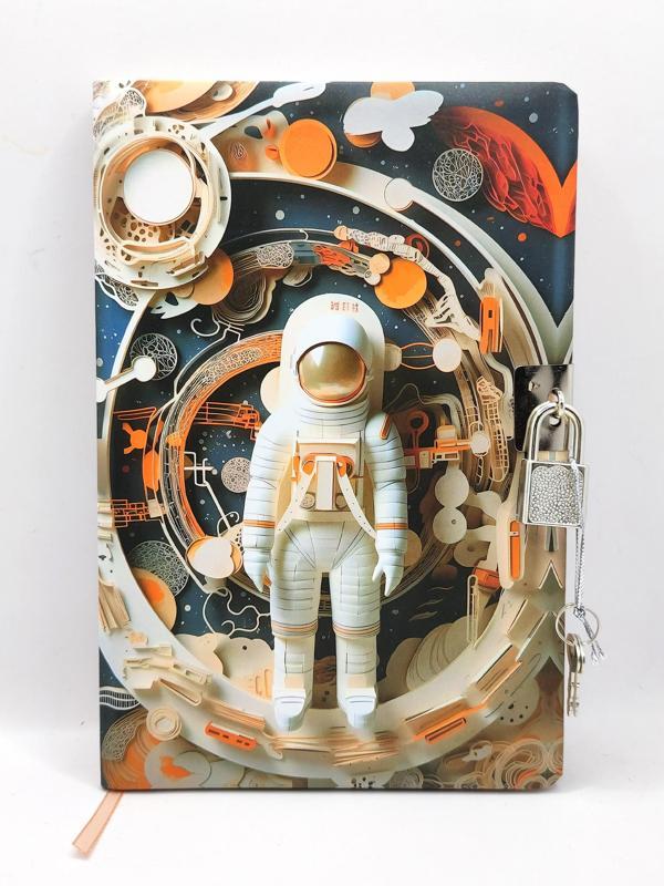 3D Görünümlü Hatıra Defteri (Günlük) Kilitli Defter 80 yaprak - Turuncu Astronot - Image 1