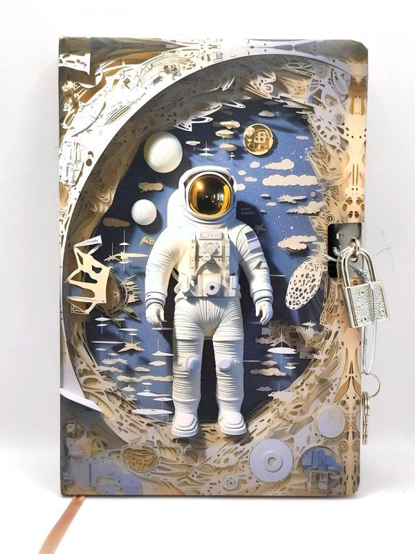 3D Görünümlü Hatıra Defteri (Günlük) Kilitli Defter 80 yaprak - Beyaz Astronot - Image 1