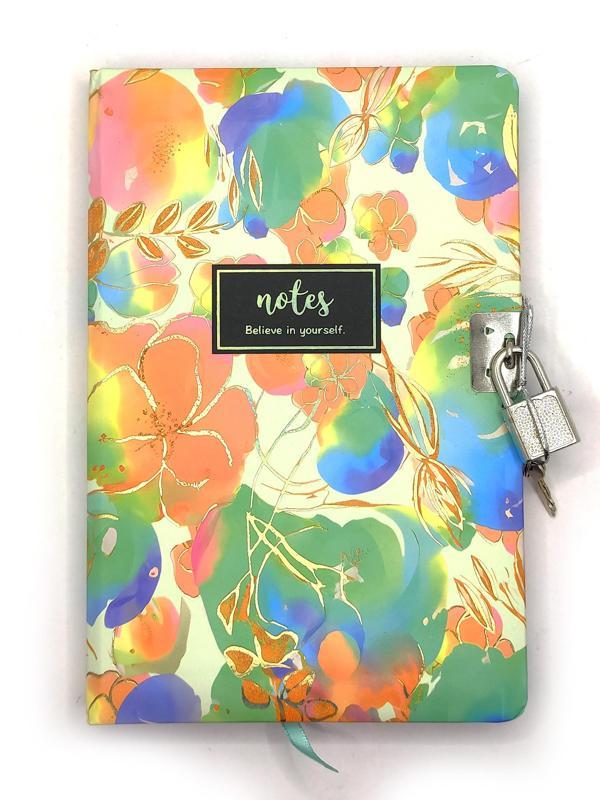 Çiçek Ebru Desen Hatıra Defteri (Günlük) Kilitli Defter 80 yaprak - Turuncu - Image 1