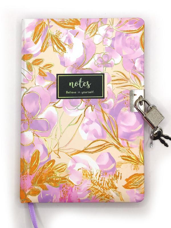 Çiçek Ebru Desen Hatıra Defteri (Günlük) Kilitli Defter 80 yaprak - Mor - Image 1