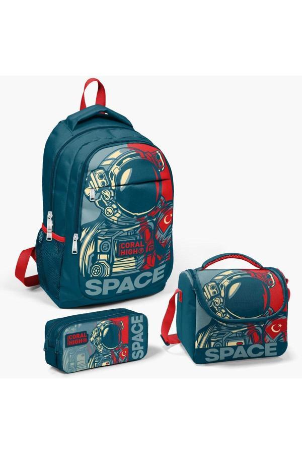 Yaygan Coral High Kids Çivit Kırmızı Astronot Desenli 3’Lü Okul Çanta Seti - Image 1