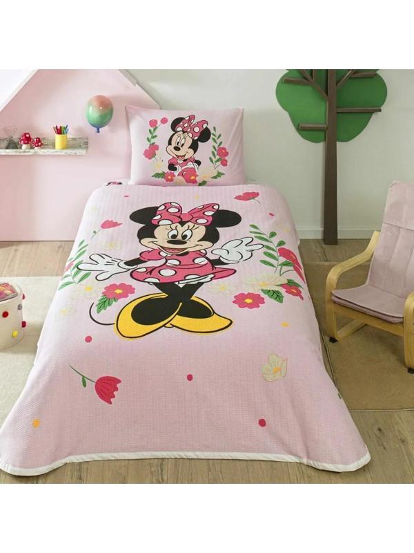 Taç Lisanslı Minnie Mouse Golden Tek Kişilik Pamuk Pike Takımı - Image 1