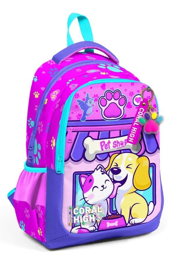 Yaygan Coral High Kids Kedi Köpek Desenli Üç Bölmeli Okul Sırt Çantası 23646 - Image 1