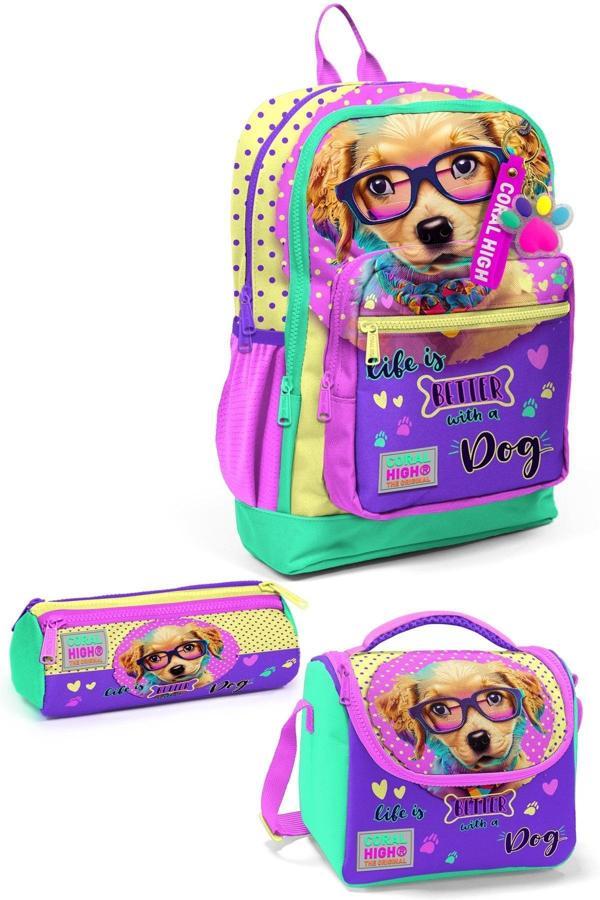 Yaygan Coral High Kids Sarı Pembe Sevimli Köpek Desenli 3’Lü Okul Çanta Seti Set0123752 - Image 1