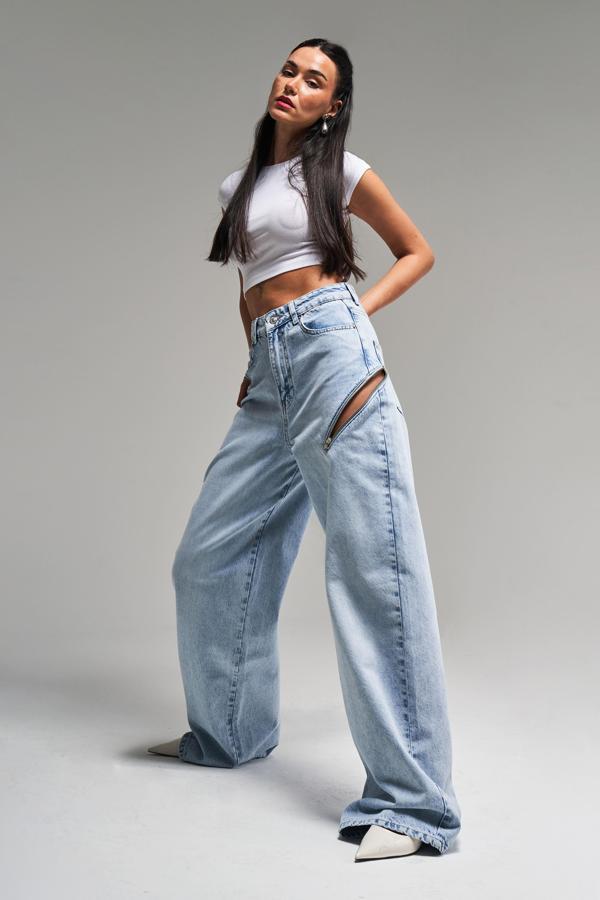 Kadın Snow Kot Rengi 4S5-3 Palazzo Fit Bol Kesim %100 Koton Fermuar Detaylı Tasarım Denim Jean - Image 1