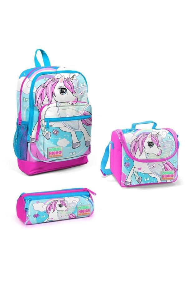 Yaygan Coral Hıgh Pembe Mavi Unicorn Desenli 3'Lü Çanta Seti 23711 - Image 1