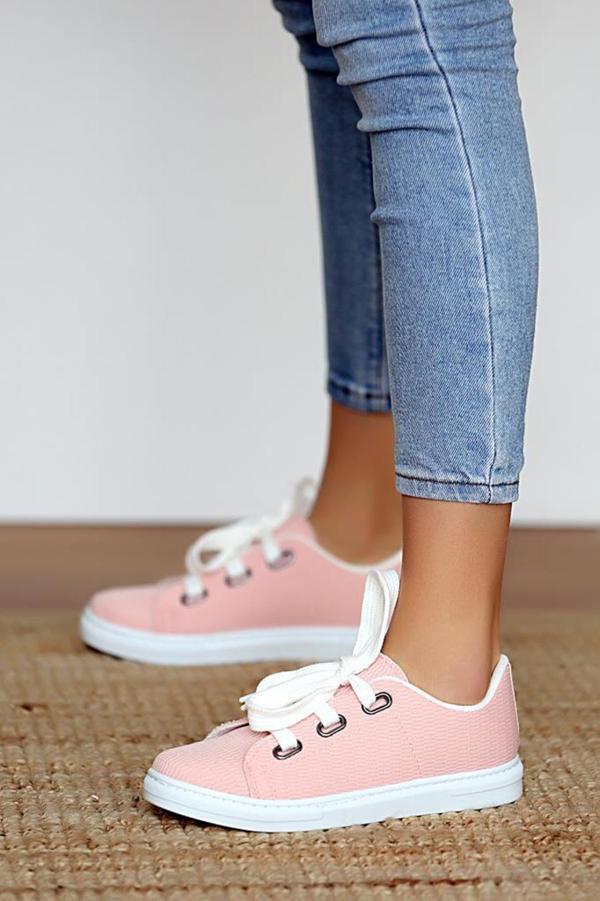 Pembe Potin Kalın Bağcıklı Rahat Taban Keten Kadın Ayakkabı A320-20Pudra - Image 1