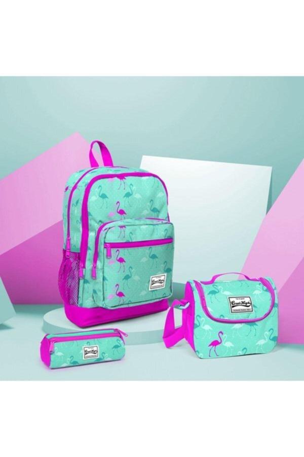 Yaygan Coral High Pembe Yeşil Flamingo Desenli Ilk-Ortaokul Çanta Seti - Image 1