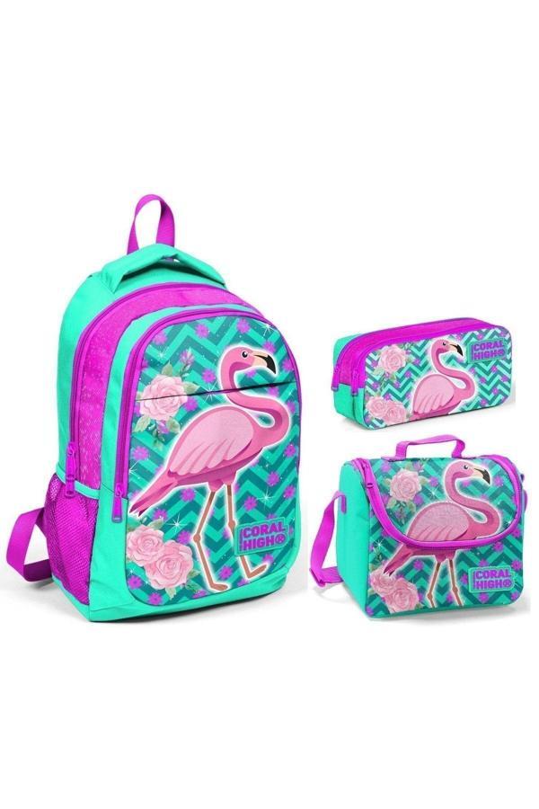 Yaygan Coral High Yeşil Flamingo Kız Çocuk Ilkokul Çanta Seti - Sırt Çantası+Beslenme+Kalemlik - Image 1