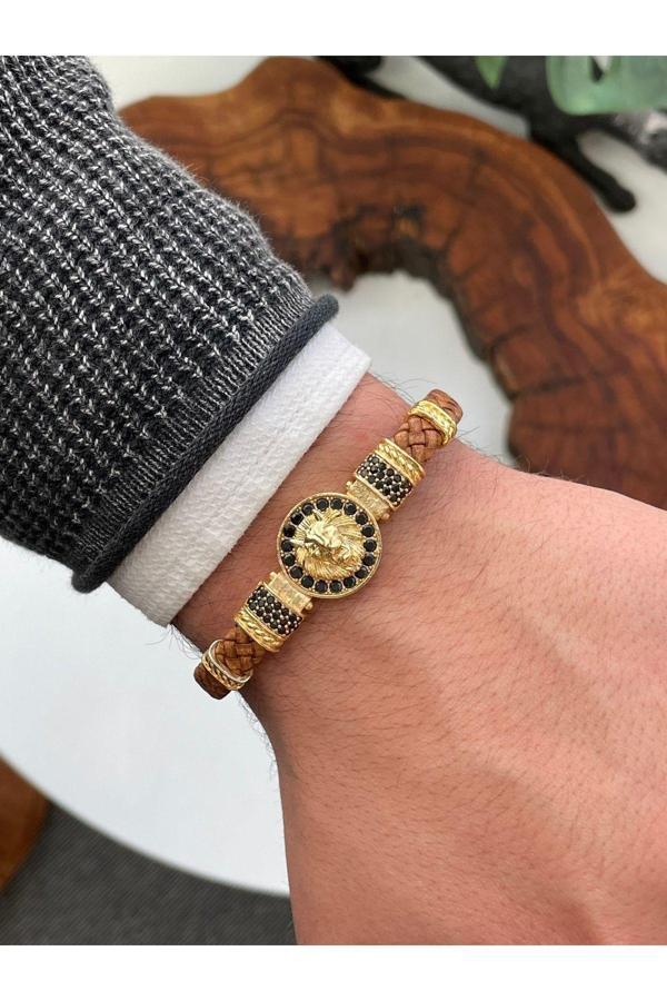 Osholife Erkek Bileklik - Deri Erkek Bileklik - Altın Kaplama Erkek Bileklik - Aslanbaşlı Model - Image 1