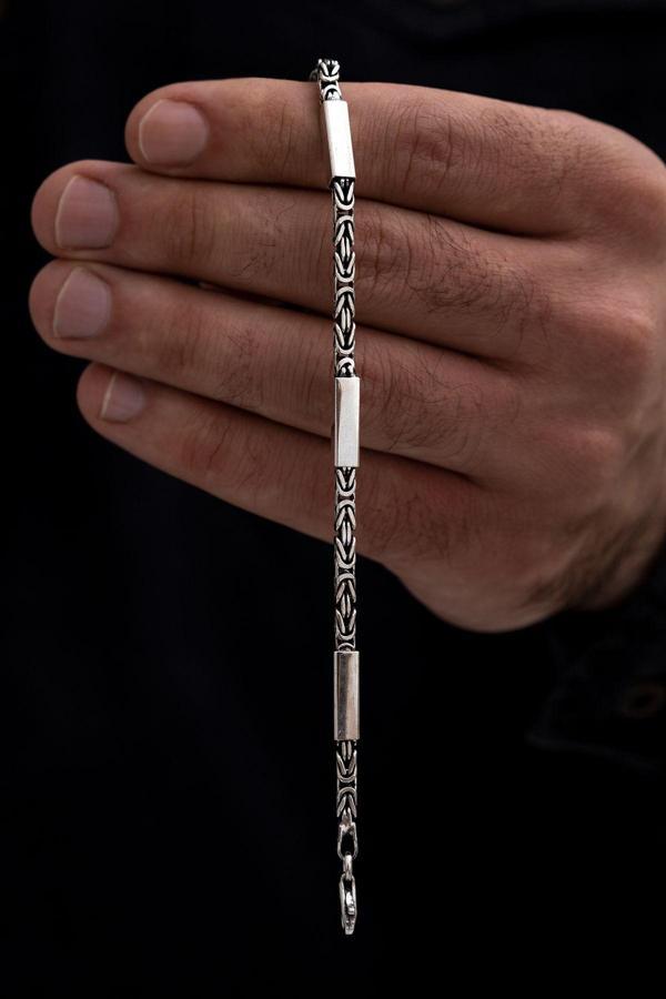 Osmanlı Gümüş Kare Parçalı Erkek Kral Gümüş Bileklik Künye 2,8Mm Orta Kalınlıkta - Image 1