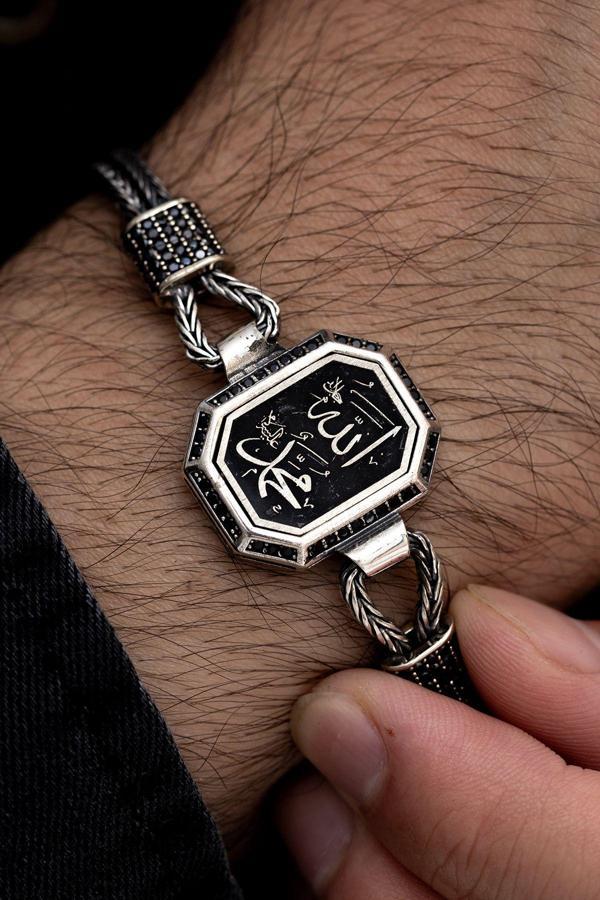 Osmanlı Gümüş Erkek Gümüş Bileklik - Allah Ve Muhammed Yazılı Tilkikuyruğu Zincirli 925 Ayar Gümüş Bileklik - Image 1