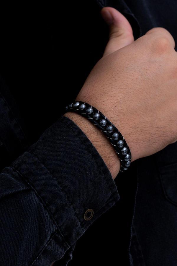 Osmanlı Gümüş Erkek Bileklik - Yuvarlak Hematit Doğaltaş Erkek Deri Bileklik - Image 1