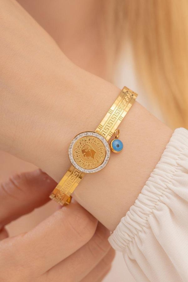 Osmanlı Gümüş Kadın Bileklik-22 Ayar Gerçek Altın Kaplama(Kararmaz) Çelik Kadın Kelepçe-Çeyrek Grek Desenli - Image 1