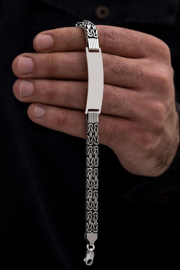 Osmanlı Gümüş Erkek Gümüş Bileklik - İsim Yazılabilir 3.5 Mm Çift Kare Kral Gümüş Bileklik - Image 1