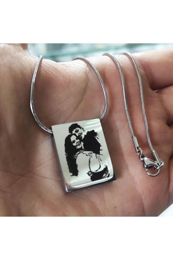 Osmanlı Gümüş Lazer Fotoğraf Kazımalı Unisex Çelik Kolye - Image 1