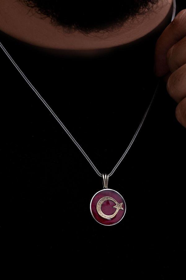 Osmanlı Gümüş Erkek Gümüş Kolye - Ayyıldız İşlemeli Kırmızı Renkli Gümüş Kolye - Image 1