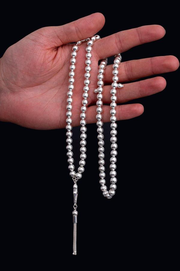 Osmanlı Gümüş Erkek Gümüş Tespih - Düz Küre 99'Luk Namaz Tespihi Gümüş Tespih - Image 1