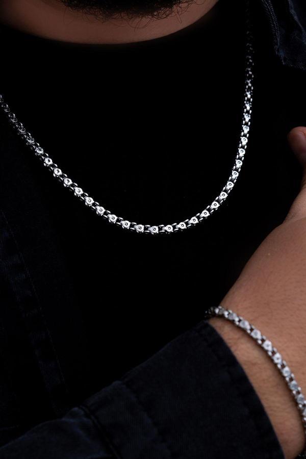 Osmanlı Gümüş Erkek Çelik Bileklik Kolye Set - Pullu Model Kolye Bileklik Çelik Set - Image 1