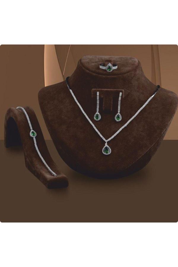 Osmanlı Gümüş Venessa Zümrüt Taşlı Gümüş Su Yolu Set - Kolye, Bileklik, Küpe, Yüzük - Image 1