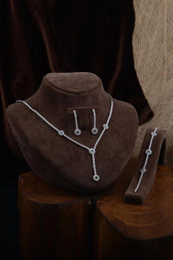 Osmanlı Gümüş Ahenk Bayan Zümrüt Taşlı Gümüş Su Yolu Set - Kolye, Bileklik, Küpe, Yüzük - Image 1