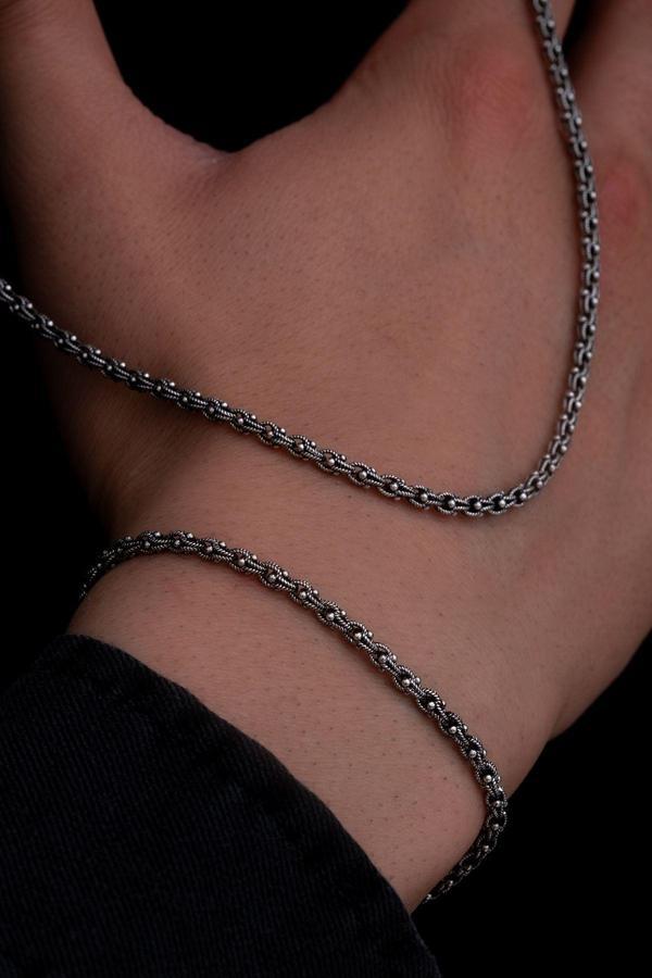 Osmanlı Gümüş Erkek Gümüş Kolye Bileklik Set - 3Mm Arnavut Zinciri Gümüş Kolye Bileklik Set - Image 1