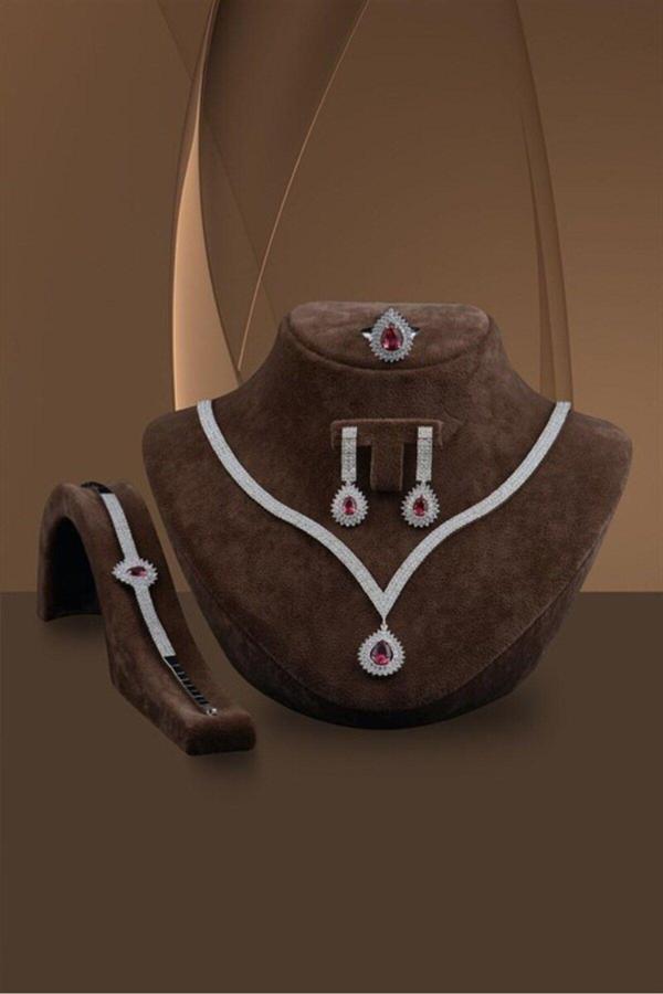 Osmanlı Gümüş Arissa Bayan Yakut Taşlı Gümüş Su Yolu Set - Kolye, Bileklik, Küpe, Yüzük - Image 1