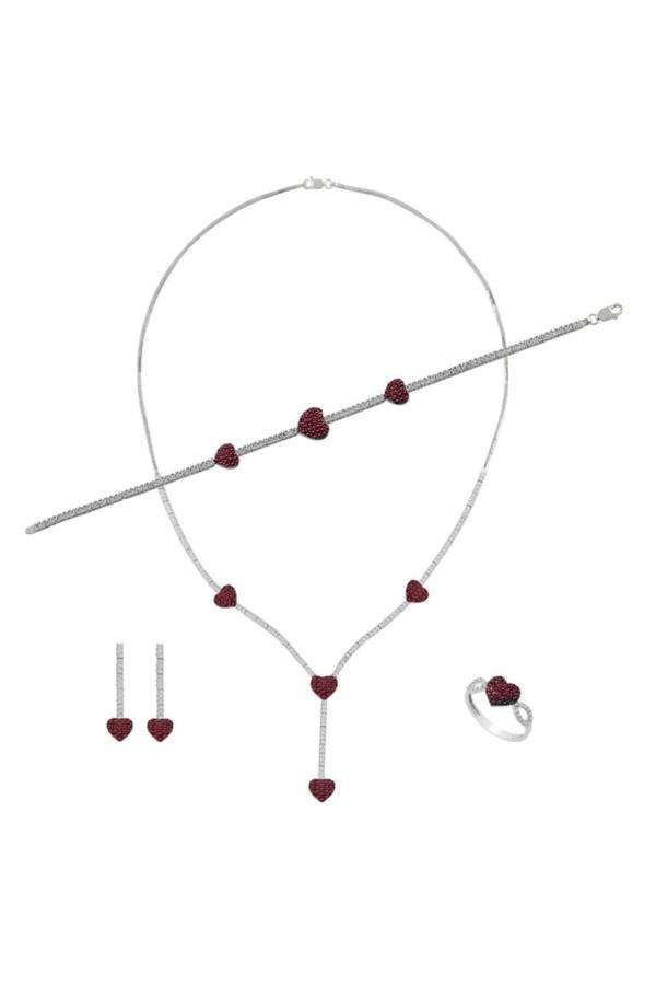 Osmanlı Gümüş Arya Bayan Yakut Taşlı Gümüş Su Yolu Set - Kolye, Bileklik, Küpe, Yüzük - Image 1