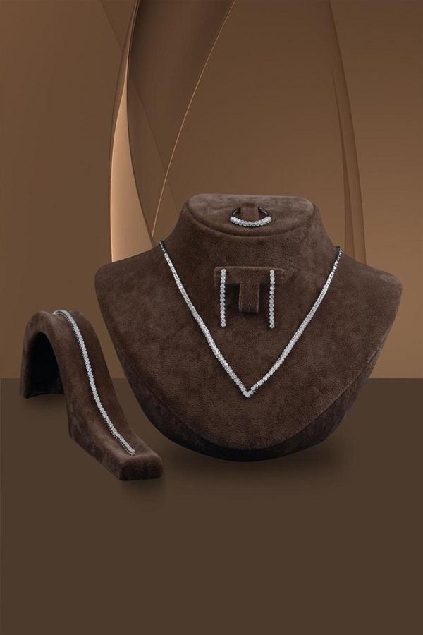 Osmanlı Gümüş Berrak Bayan Zirkon Taşlı Gümüş Su Yolu Set - Kolye, Bileklik, Küpe, Yüzük - Image 1