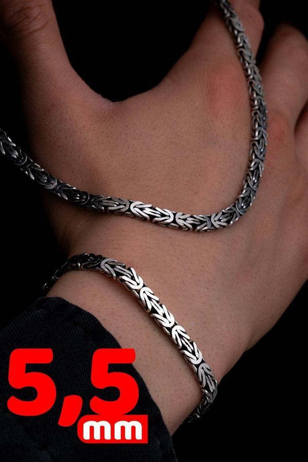Osmanlı Gümüş Erkek Gümüş Kolye Bileklik Set - 5.5Mm Dikdörtgen Kesim Yassı Kral Gümüş Kolye Bileklik Set - Image 1