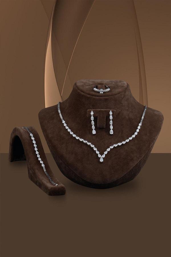 Osmanlı Gümüş Dolunay Bayan Zirkon Taşlı Gümüş Su Yolu Set - Kolye, Bileklik, Küpe, Yüzük - Image 1