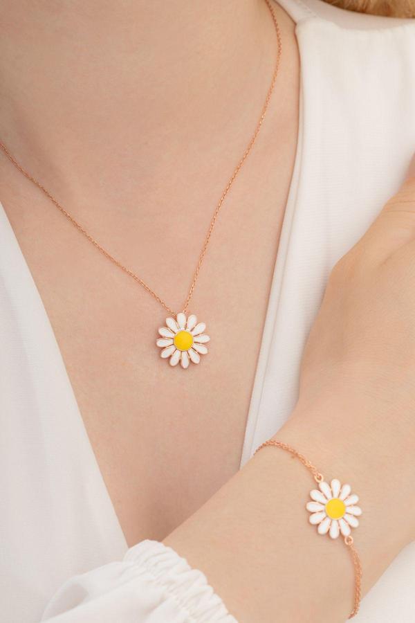 Osmanlı Gümüş Kadın Gümüş Set - Rose Papatya Model Kolye Bileklik Gümüş Set - Image 1
