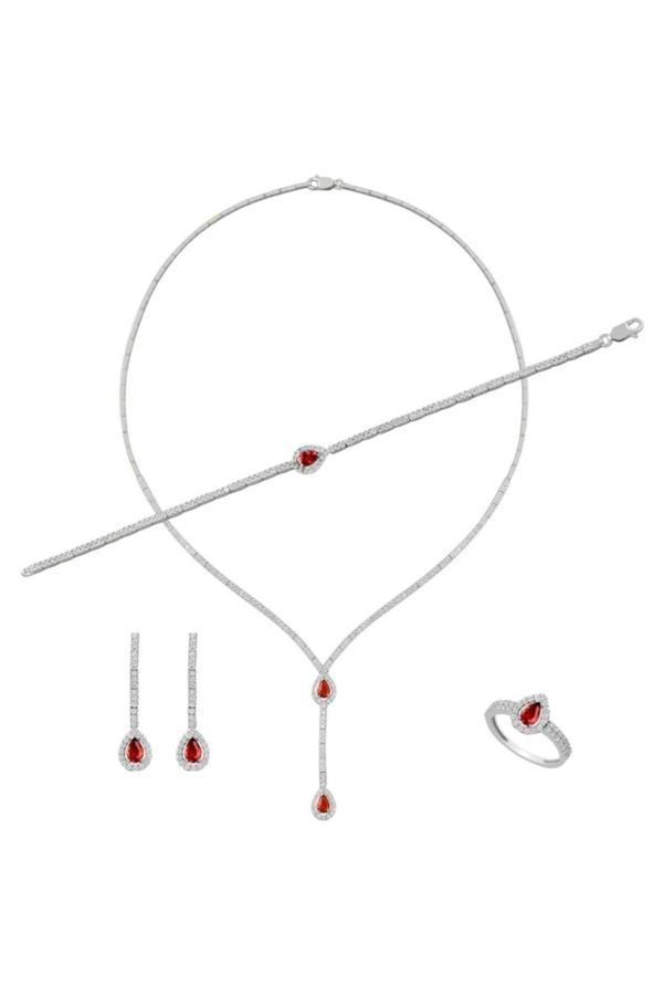 Osmanlı Gümüş Ela Bayan Yakut Taşlı Gümüş Su Yolu Set - Kolye, Bileklik, Küpe, Yüzük - Image 1