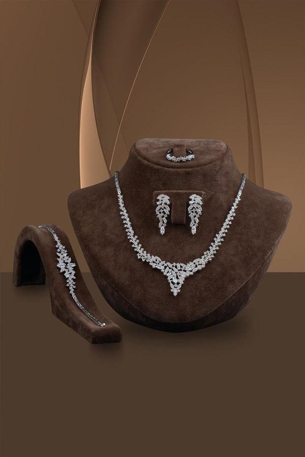 Osmanlı Gümüş Balın Bayan Zirkon Taşlı Gümüş Su Yolu Set - Kolye, Bileklik, Küpe, Yüzük - Image 1
