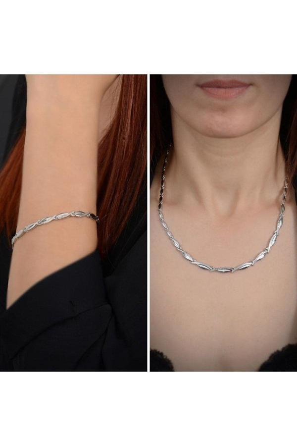 Osmanlı Gümüş Asena Balık Sırtı 925 Ayar Gümüş Su Yolu Set - Kolye, Bileklik - Gtsklyeblkl-Gms - Image 1