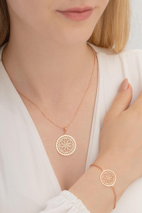 Osmanlı Gümüş Kadın Gümüş Set - Lotus Çiçeği Rose Renk Kolye Bileklik Gümüş Set - Image 1