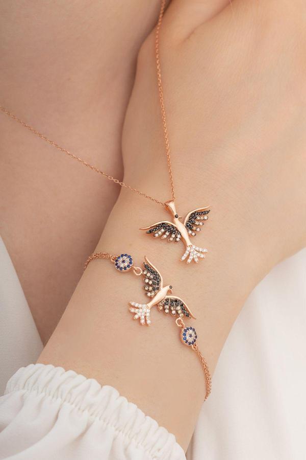 Osmanlı Gümüş Kadın Gümüş Set - Rose Zümrüdü Anka Kuşu Kolye Bileklik Gümüş Set - Image 1