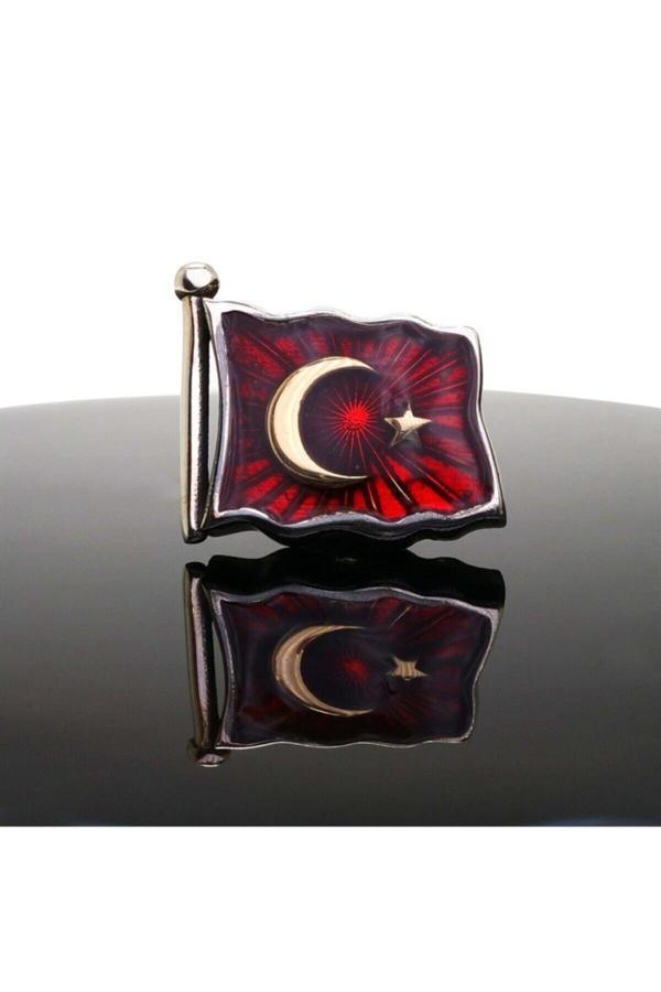 Osmanlı Gümüş Özel Seri Ayyıldız Bayrak Gümüş Rozet - Image 1