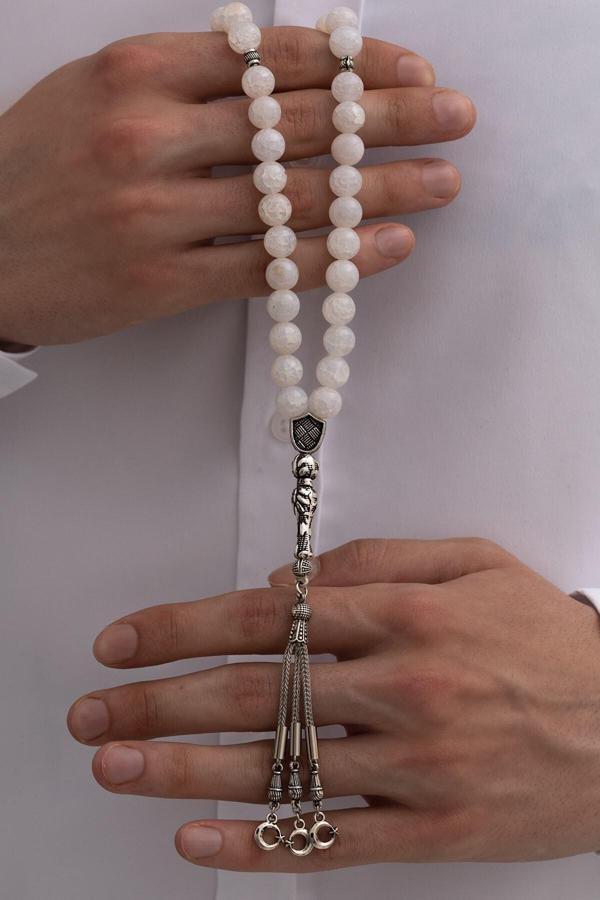 Osmanlı Gümüş Doğal Taşlı Tespih - Beyaz Akik Taşlı Doğal Iri Taşlı Tesbih 10Mm - Image 1