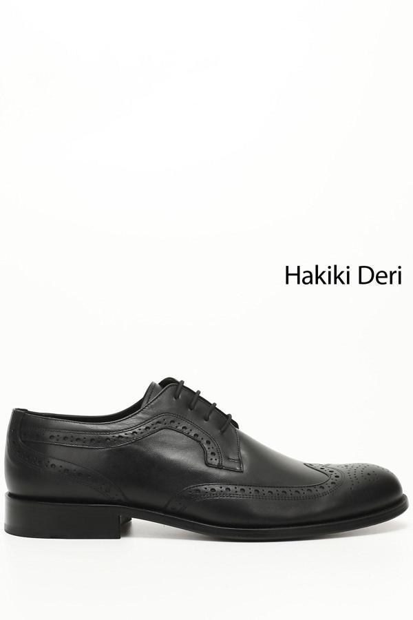 Erkek Siyah Bağcıklı Kösele Taban Hakiki Deri Klasik Ayakkabı - Image 1