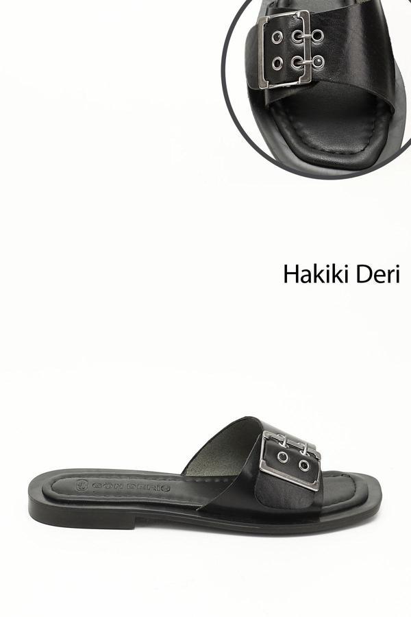 Kadın Siyah Tokalı Tek Bantlı Hakiki Deri Terlik - Image 1