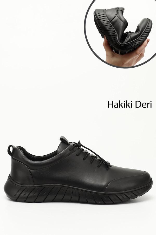 Erkek Siyah Bağcıklı Kauçuk Taban Hakiki Deri Sneaker - Image 1