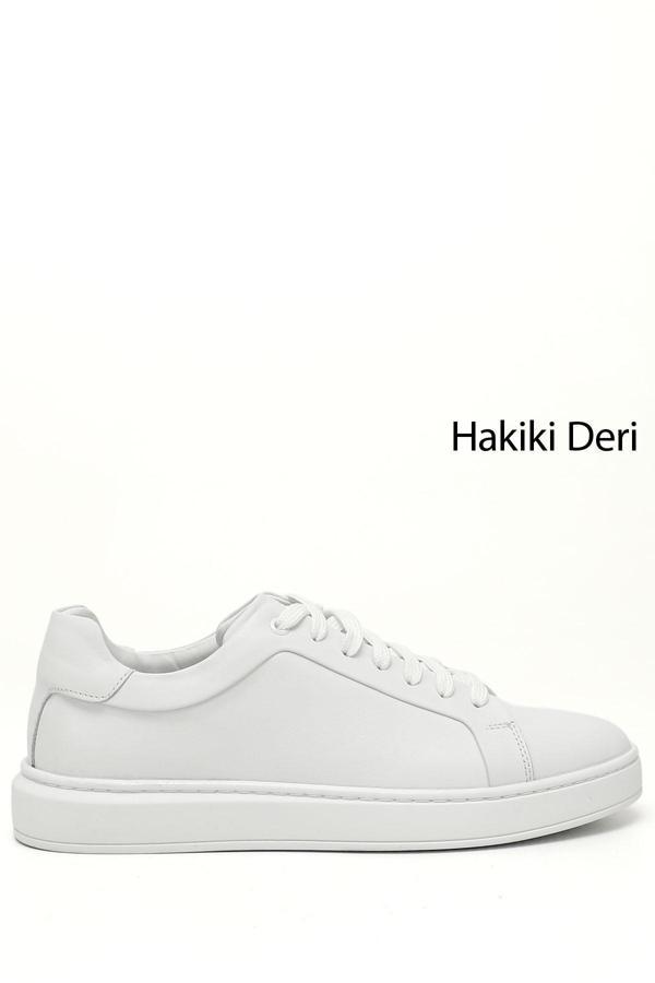 Erkek Beyaz Bağcıklı Kauçuk Taban Hakiki Deri Sneaker - Image 1