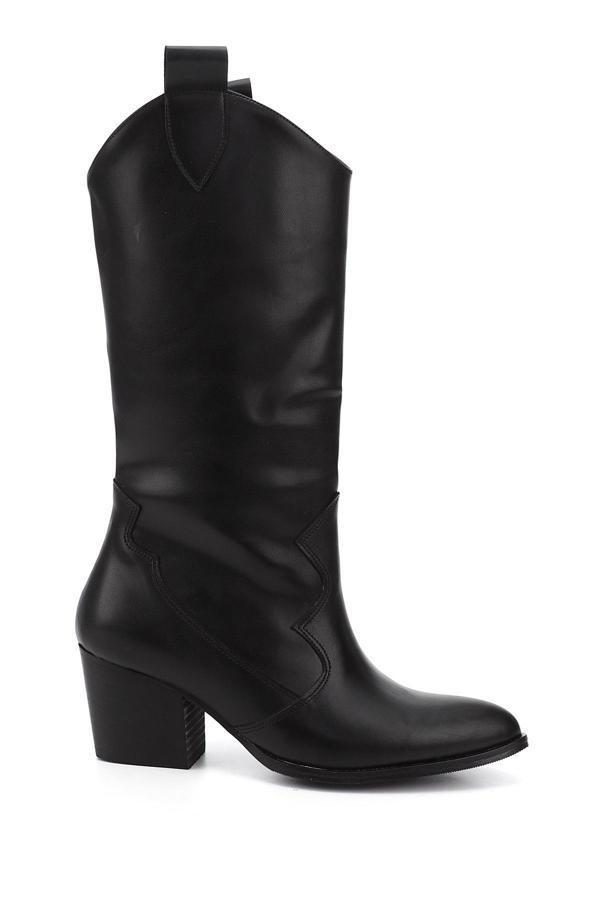 Kadın Siyah Sivri Burun Kalın Topuklu Western Kovboy Çizme - Image 1