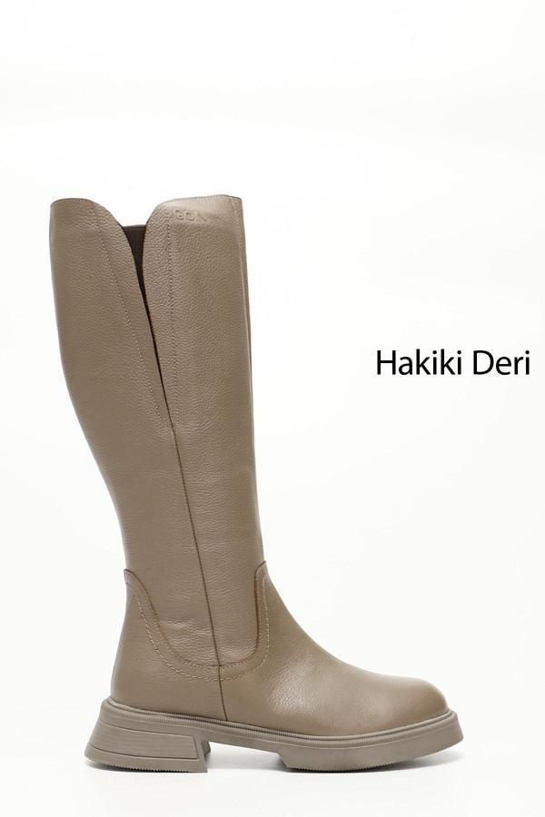 Kadın Vizon Floter Fermuarlı Kalın Topuklu Hakiki Deri Çizme - Image 1