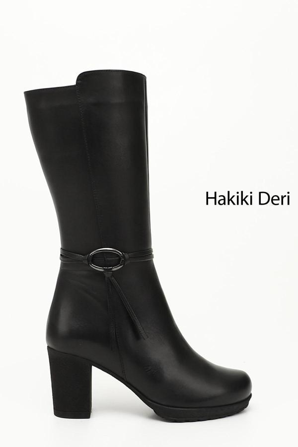 Kadın Siyah Fermuarlı Kalın Topuklu Hakiki Deri Çizme - Image 1
